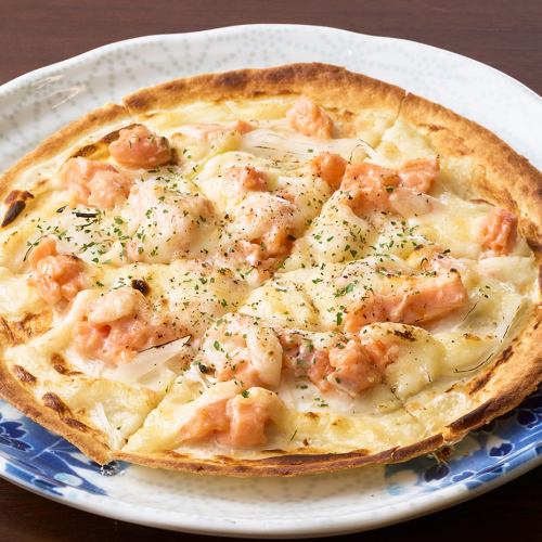 Salmon cream cheese tortilla pizza