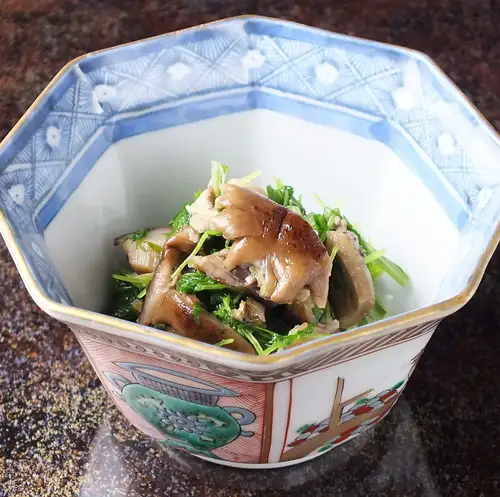 Kyoto mizuna and wild mushroom ohitashi (blanched dish)