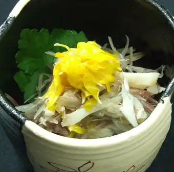 Kyoto ginger and Pacific saury with chrysanthemum dressing