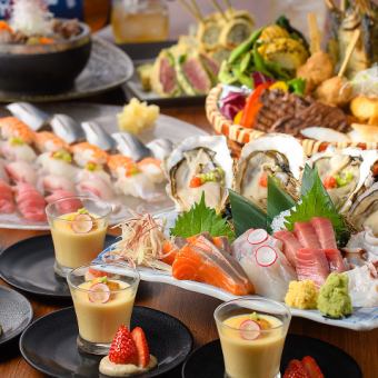 【おかげ様で２周年コース】刺身、牡蠣、寿司、牛タン9品、生、日本酒12種180分飲み放付7000円　