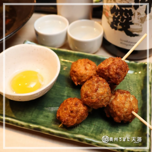 Homemade beef tongue meatballs (2 skewers) - served with runny egg yolk -