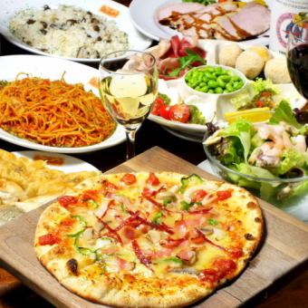 【平日午餐】附2小时无限畅饮|5种前菜、经典披萨意大利面+主菜精选肉类！7道菜共计4,000日元