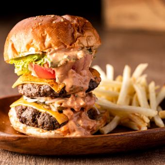 Double cheeseburger from a meat bar shop in town