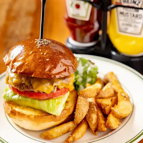 A superb burger made with domestically sourced vegetables and a wagyu beef patty.