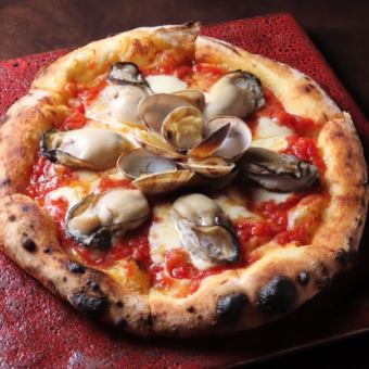 Tomato-based pizza with plump oysters and clams