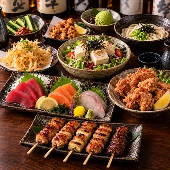【個室確約】3時間飲み放題!新鮮な刺身3種盛りや特製串盛りを味わう全9品◆5000円(税込)