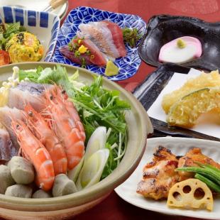 4種から選べるお鍋付き♪お刺身5点盛や若鶏の照り焼き等7品&2時間飲み放題 5000円