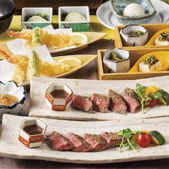 個人豐盛晚餐【綾套餐】享用牛排和海鮮天婦羅、高級無限暢飲和生啤酒6,000日元