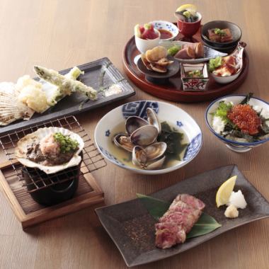 [Atemori、螃蟹味噌、北海道黑毛和牛、鮭魚子]特選食材6,000日圓（含無限暢飲，生啤酒也可以）