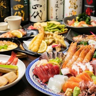 【一番人気!うお心満腹コース】お造り10種盛合せや名物の海鮮巻ずしまでついた!飲放付き6,000円