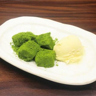 Matcha warabi mochi and vanilla ice cream