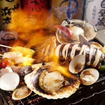[All-you-can-eat and drink Hamayaki seafood] ☆ 2 hours system ☆ Sashimi & Hamayaki (scallops/oysters/turban shells)/Good catch course 3,980 yen (tax included)