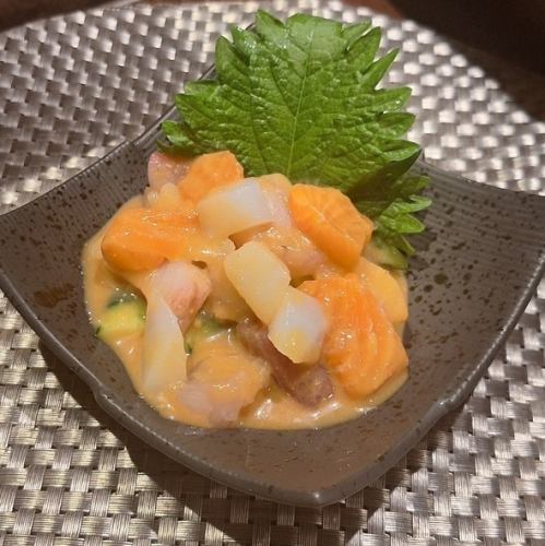 Seafood with homemade vinegar and miso sauce