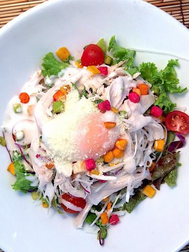 Caesar salad of steamed chicken and hot spring egg