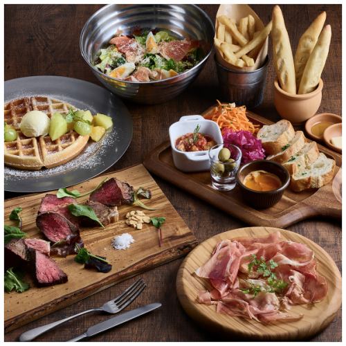 【Premiumプラン】知多牛炭火焼のステーキ＋生ハム＋前菜5種＋ポテトのフリーフロー＋デザート付き