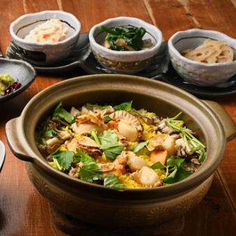 一期一笑コース【日本酒3種含む3ｈ飲み放題付】ホタテと黒舞茸の土鍋炊き込み御飯等全6品6,000円