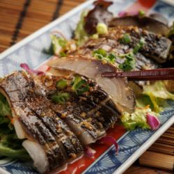 Seared sesame marinated mackerel