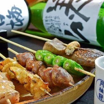 『地鶏焼き鳥・カツオのたたき含む地鶏づくしコース』クーポンで生ビール付無制限飲み放題4000円