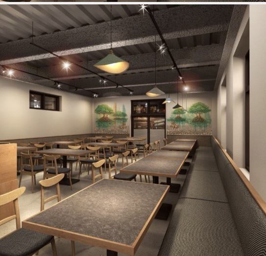 【和モダン空間】店内見渡せる暖かい照明の広々空間とテーブル席、小規模から中規模、団体様(最大68名様)まで様々なシーンのお食事をお楽しみいただけます。