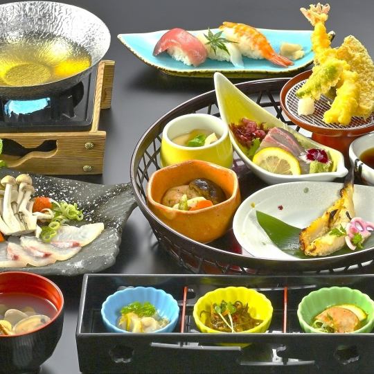 お昼の籠御膳《冬》【風雅(ふうが)】ぶりしゃぶ紙鍋・刺身・天ぷら・寿司等《ドリンクバー付》