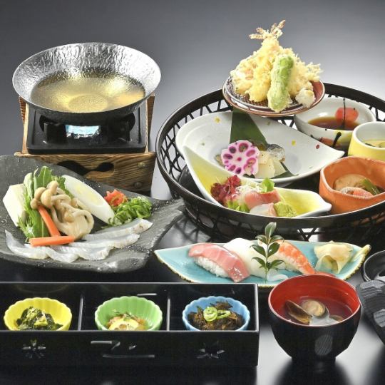 お昼の籠御膳《春》【風雅(ふうが)】鯛しゃぶ鍋・刺身・天ぷら・寿司等《ドリンクバー付》