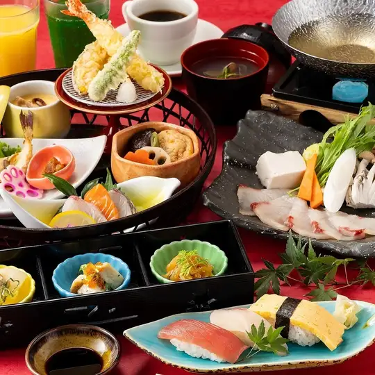 お昼の籠御膳《冬》【風雅(ふうが)】ブリしゃぶ陶板・フグ一夜干し・刺身《ドリンクバー付》