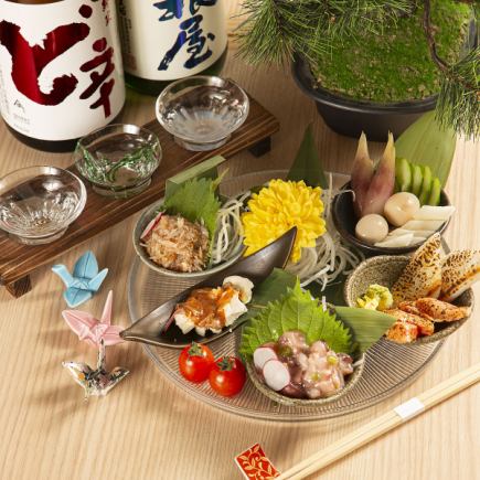 【浦島飲み比べ日本酒セット”松”】厳選日本酒3種と季節のアテ盛合せ5種が楽しめるお得セット