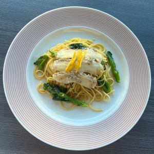 Japanese-style pasta with seared red sea bream