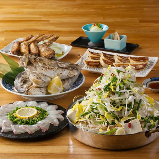 【博多山笠もつ鍋と真鯛胡麻刺しコース】瓶ビール付き飲み放題込み4500円(税込)