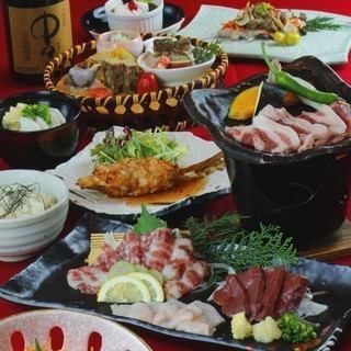 熊本當地【肥後】套餐【芥蓮根、馬生魚片、當地魚、紅牛肉、馬握壽司】全9道菜品+無限暢飲9,300日圓（含稅）