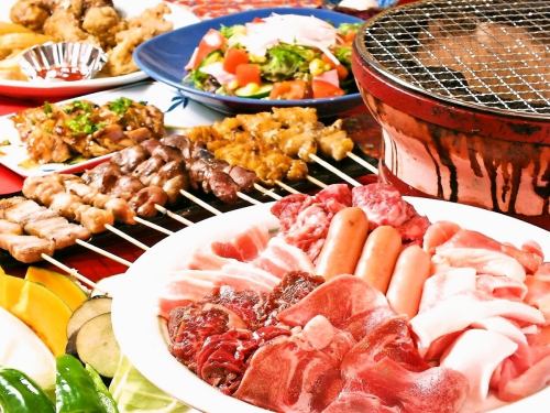 [Very popular, limited to one group per day] All-you-can-eat charcoal-grilled meat & charcoal-grilled chicken platter + all-you-can-drink (3,850 yen including tax) for 100 minutes