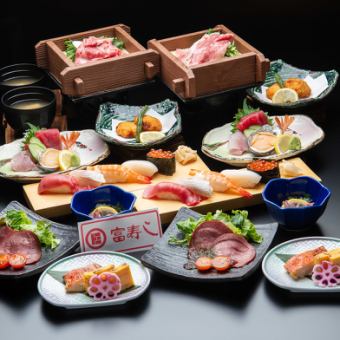 [Banquet course 6,000 yen (tax included)] Steamed Wagyu beef, 5 nigiri with medium fatty tuna, etc. ♪ Includes 8 dishes and 2 hours of all-you-can-drink