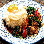Stir-fried minced chicken with gapao rice "Gai Gapao Lat Khao"
