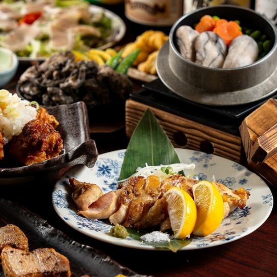 6500⇒6000円【孔雀コース】鶏炭火焼や刺身、牡蠣釜飯等◆全10品◇生ビール&新潟地酒飲放+特典