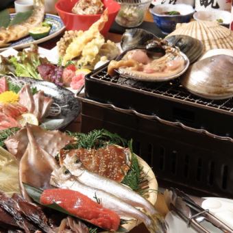 Delicious seafood such as scallops and carefully selected dried fish! "Robatayaki course" 6 dishes total 5,500 yen (2 hours all-you-can-drink included)