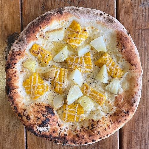 Corn and potato yellow mayo pizza