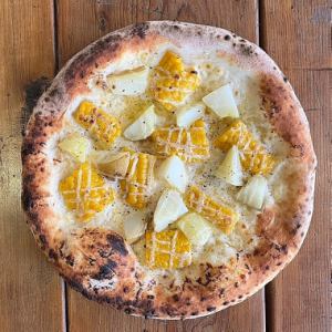 Corn and potato yellow mayo pizza
