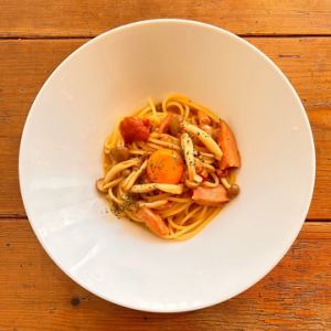 Japanese-style butter and soy sauce pasta topped with rich egg