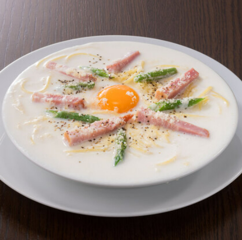 玉子とベーコンとアスパラのスープカルボナーラ【Popularity】