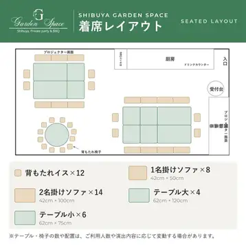 渋谷で貸切するなら座席表で確認。渋谷ガーデンスペース道玄坂店の着席40名・立食65名レイアウト図