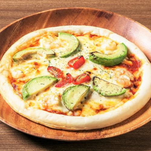 Shrimp and avocado pizza
