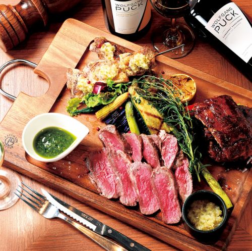 American Angus beef sirloin steak BBQ meat platter with seasonal grilled vegetables