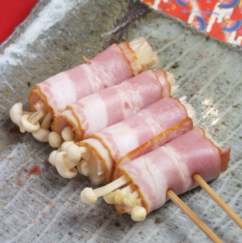 Enoki mushrooms wrapped in bacon, mochi mushrooms wrapped in bacon