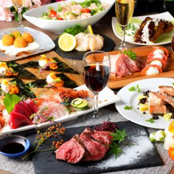 5月～7月无限畅饮【6,000日元套餐】牛肉串、菲力牛排、烤蟹味噌壳等8道菜品。