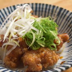 Deep fried chicken with salt, sauce, and grated daikon radish and ponzu sauce