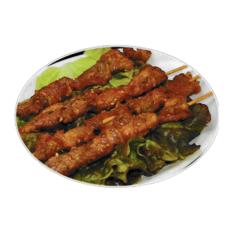 돼지 발 구이 (1 개) / 구운 소시지 (1 꼬치) / 오징어 꼬치 구이 (1 꼬치) / 가리비의 마늘 소스 구이 (1 개) 각