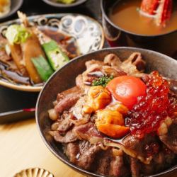 Ultimate beef sukiyaki gout set meal with small bowl and miso soup (refills of rice and large servings free of charge)