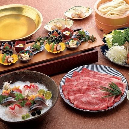 しゃぶしゃぶのお鍋6000円細うどん/前菜/お造り盛り合わせ/しゃぶしゃぶのお鍋/デザート