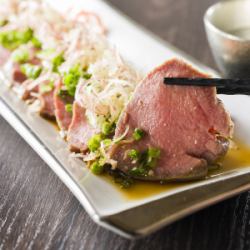 Low-temperature cooked beef tongue with green onion and ponzu sauce