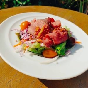 Seasonal vegetables and roast beef salad